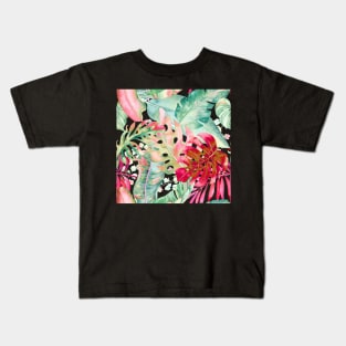 Sage Green and Red Tropical Foliage Pattern Kids T-Shirt